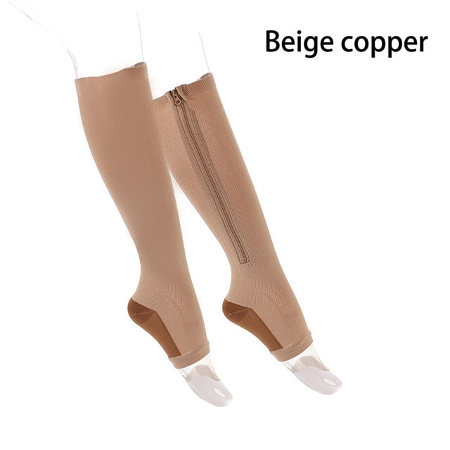 A pair of unisex compression socks with a zipper, designed for leg support and comfort, suitable for both men and women.