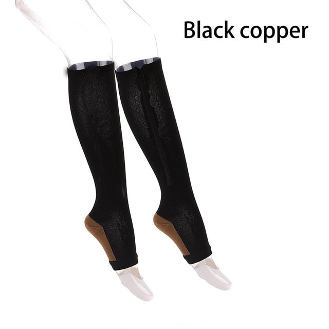 A pair of unisex compression socks with a zipper, designed for leg support and comfort, suitable for both men and women.