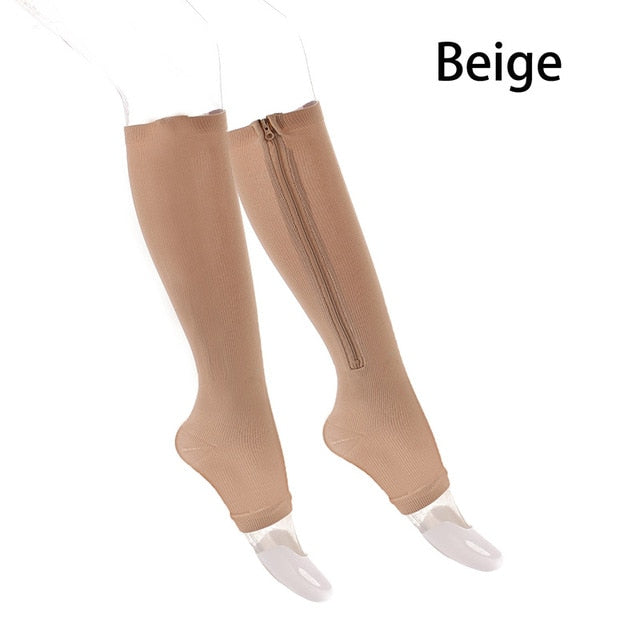 A pair of unisex compression socks with a zipper, designed for leg support and comfort, suitable for both men and women.