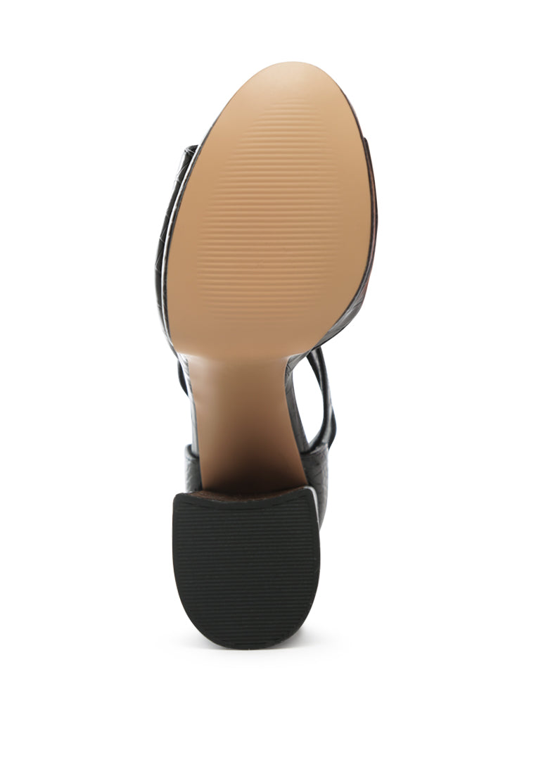 Alice Croc Platform Heeled Sandals featuring a chic croc texture, high block heel, and ankle pin-buckle fastening in solid black.