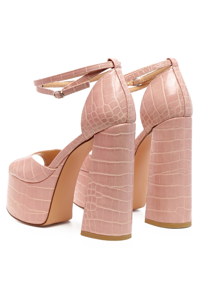 Alice Croc Platform Heeled Sandals featuring a chic croc texture, high block heel, and ankle pin-buckle fastening in solid black.