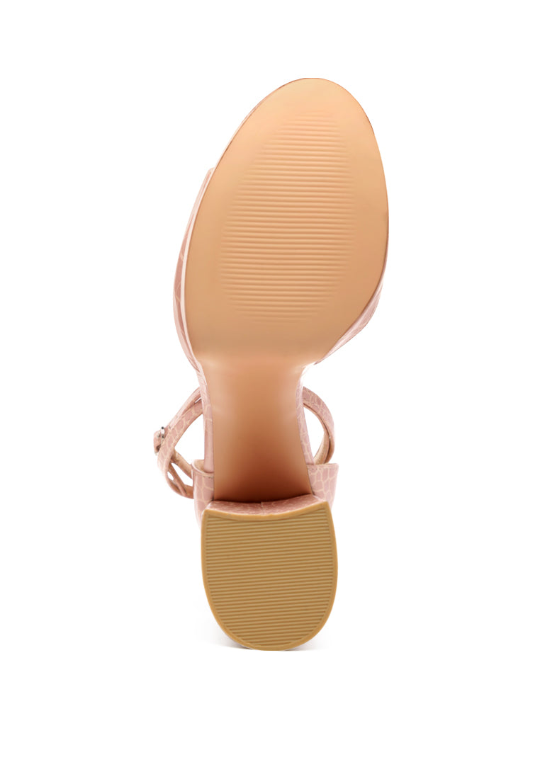 Alice Croc Platform Heeled Sandals featuring a chic croc texture, high block heel, and ankle pin-buckle fastening in solid black.