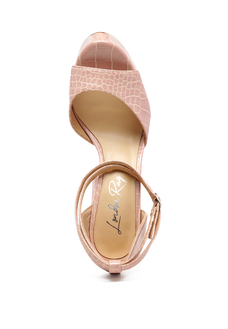 Alice Croc Platform Heeled Sandals featuring a chic croc texture, high block heel, and ankle pin-buckle fastening in solid black.