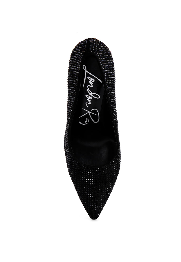 Elegant Alter Ego Heatseal Court Heels adorned with sparkling diamante, featuring a closed pointed toe and cushioned insole.