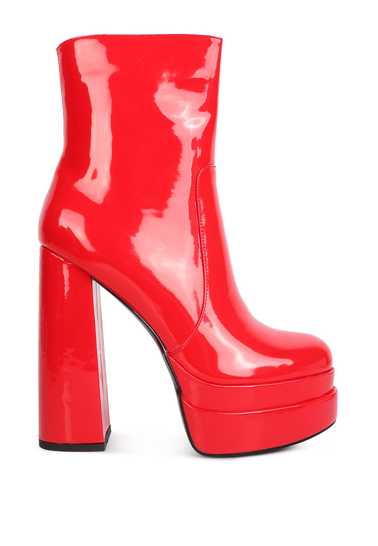 Bander Patent PU High Heel Platform Ankle Boots showcasing shiny exterior, block heel, and side zipper detail.