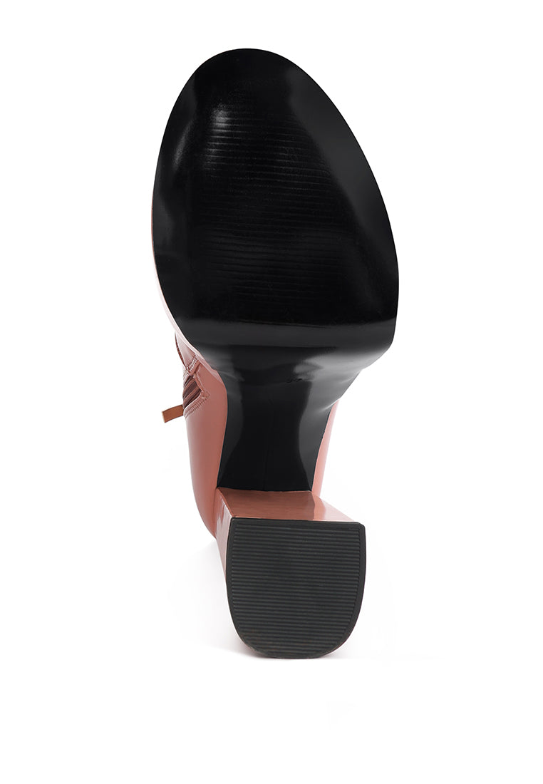 Bander Patent PU High Heel Platform Ankle Boots showcasing shiny exterior, block heel, and side zipper detail.