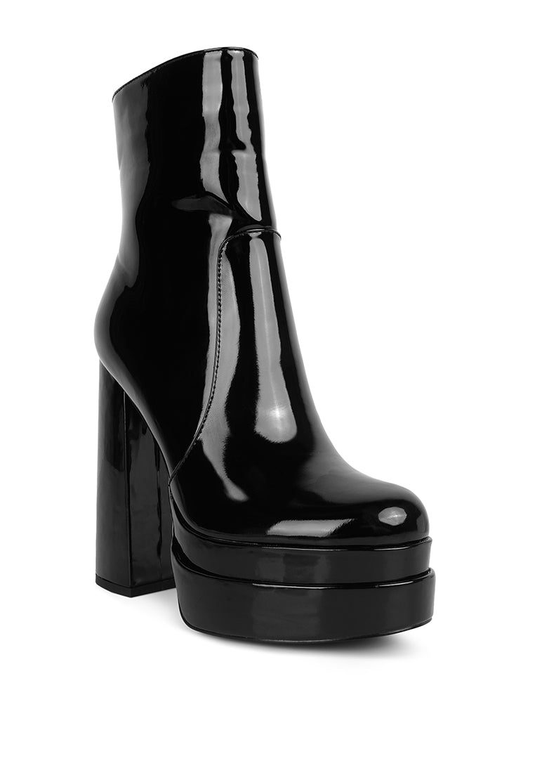 Bander Patent PU High Heel Platform Ankle Boots showcasing shiny exterior, block heel, and side zipper detail.