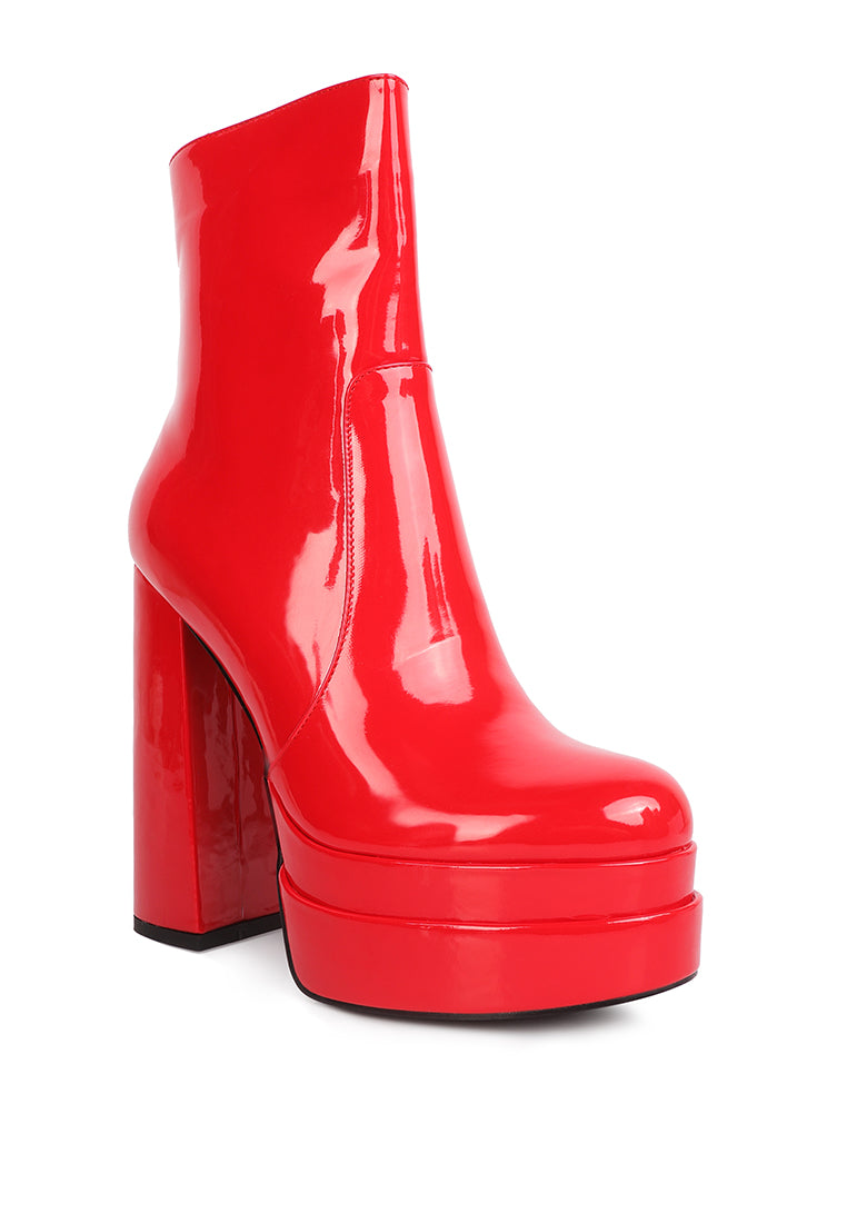 Bander Patent PU High Heel Platform Ankle Boots showcasing shiny exterior, block heel, and side zipper detail.
