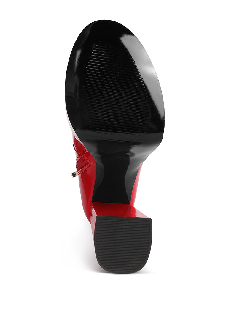 Bander Patent PU High Heel Platform Ankle Boots showcasing shiny exterior, block heel, and side zipper detail.