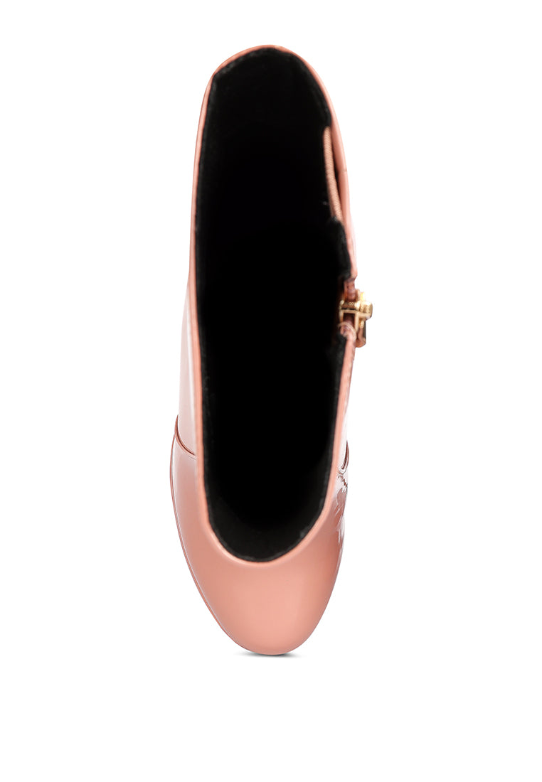 Bander Patent PU High Heel Platform Ankle Boots showcasing shiny exterior, block heel, and side zipper detail.