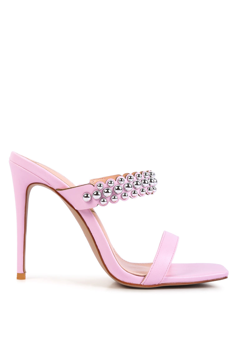 Bandy Stiletto Heel Metal Stud Sandals featuring dual straps, open square toe, and cushioned sole with metal ball studs.