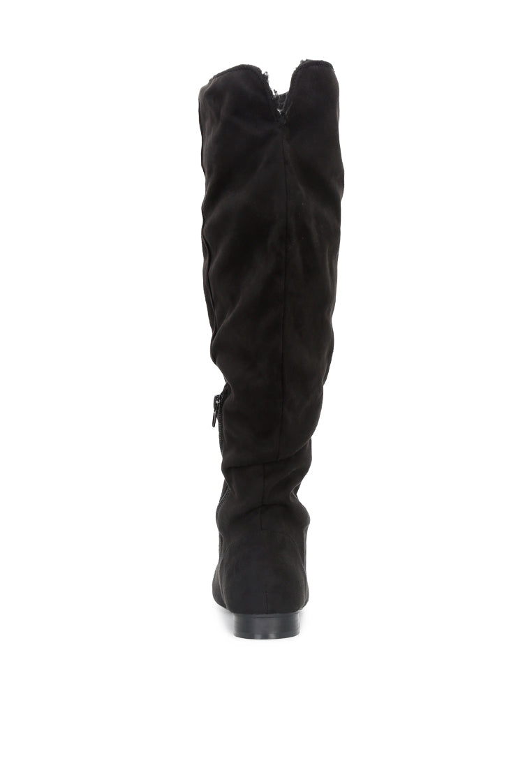 Becca Microfiber Knee High Boot showcasing stylish design with side zipper and low heel, perfect for winter wear.