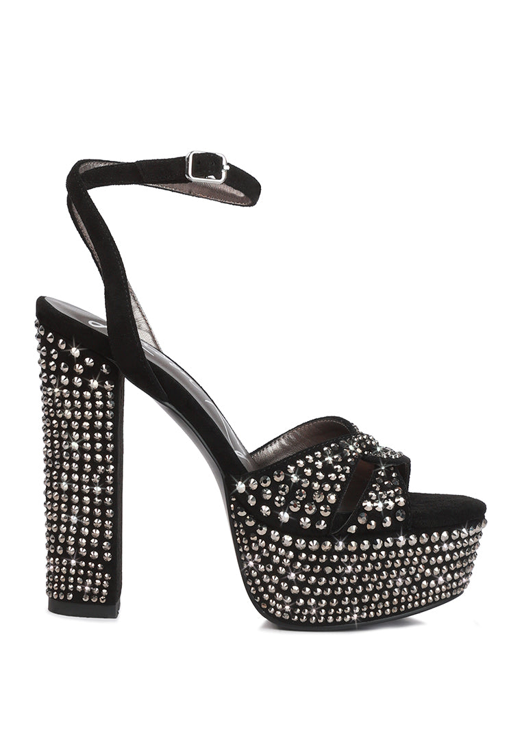 Bellini Heat-Set Diamante High Block Heel Sandals featuring a soft microfiber upper with sparkling diamante details and a secure pin buckle fastening.