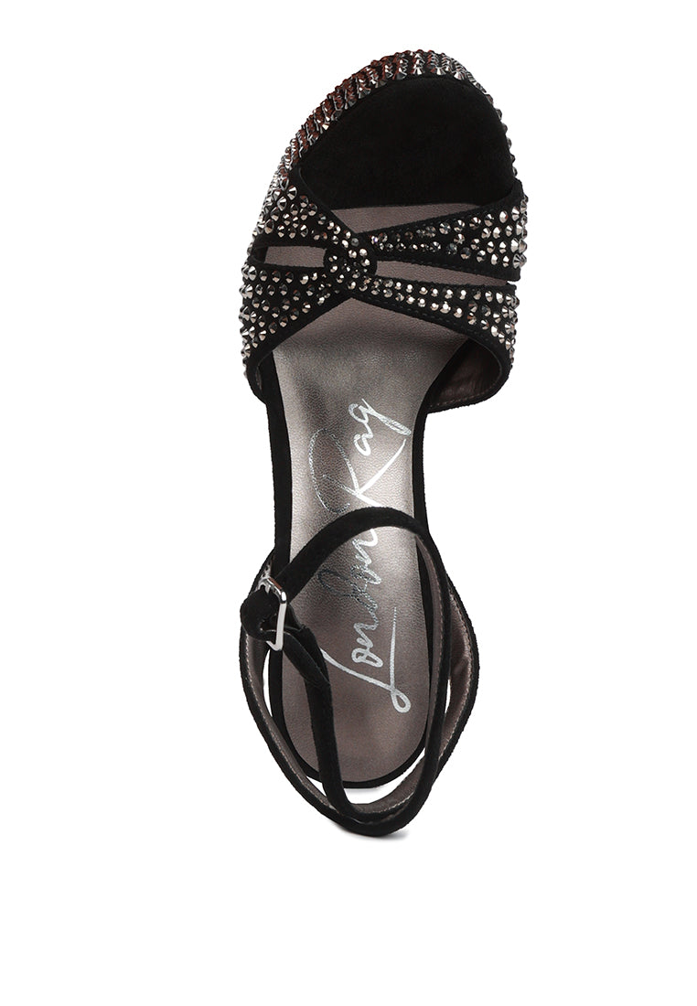 Bellini Heat-Set Diamante High Block Heel Sandals featuring a soft microfiber upper with sparkling diamante details and a secure pin buckle fastening.