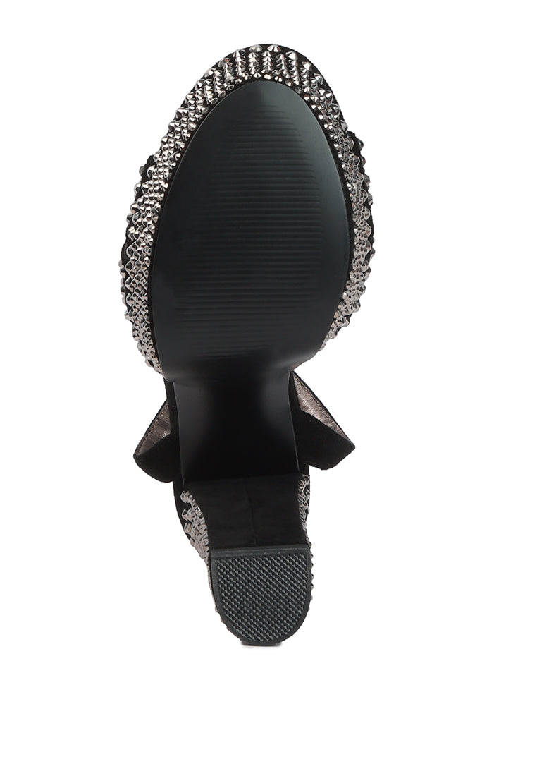 Bellini Heat-Set Diamante High Block Heel Sandals featuring a soft microfiber upper with sparkling diamante details and a secure pin buckle fastening.