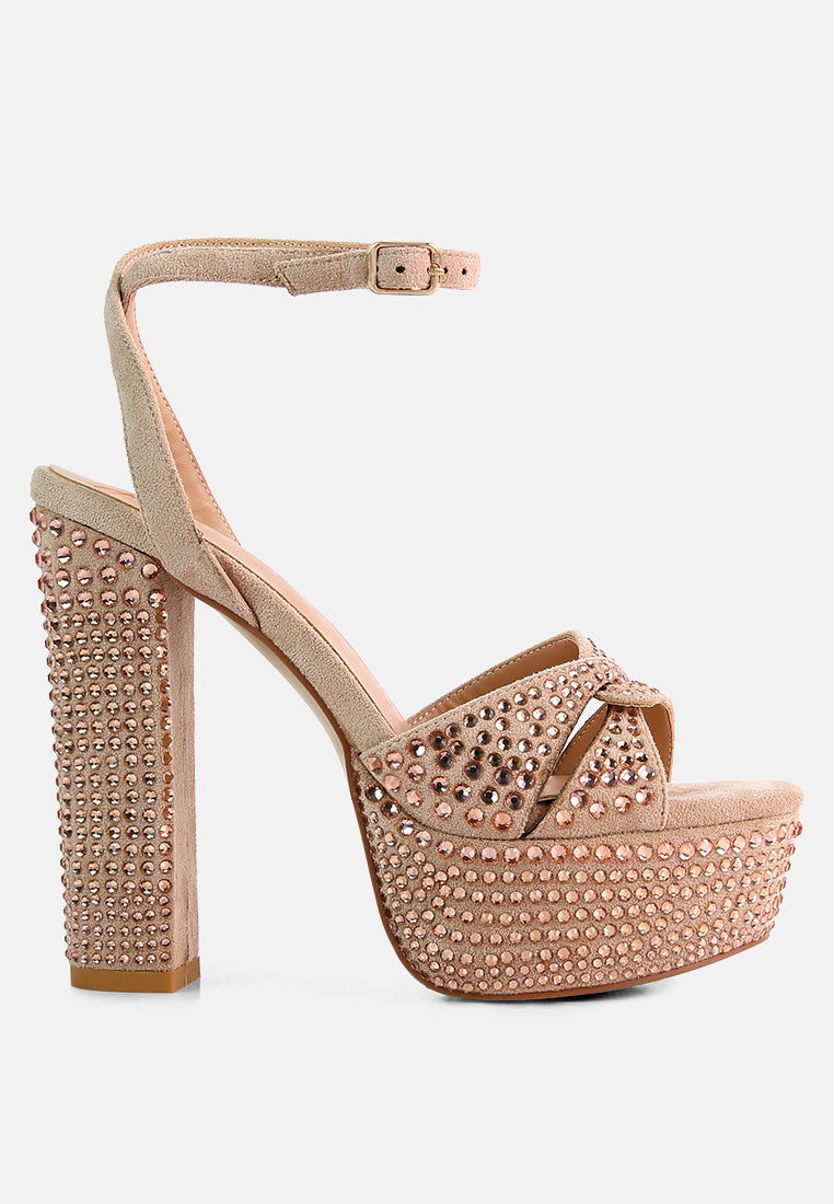 Bellini Heat-Set Diamante High Block Heel Sandals featuring a soft microfiber upper with sparkling diamante details and a secure pin buckle fastening.