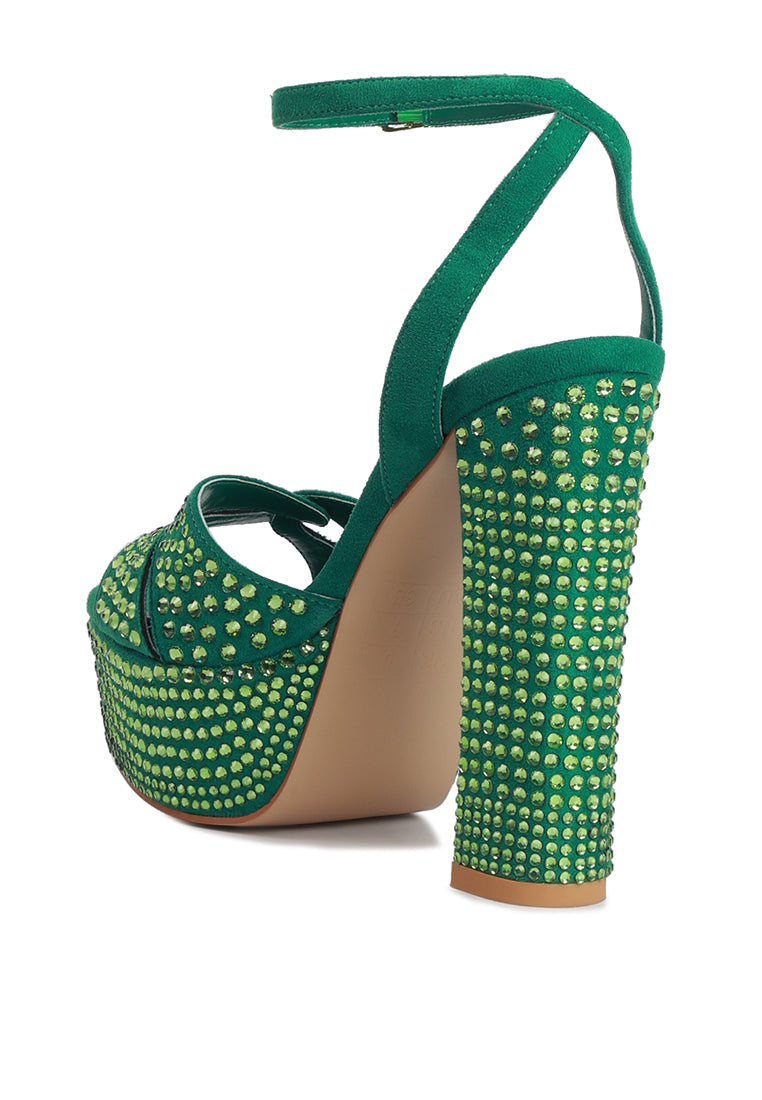 Bellini Heat-Set Diamante High Block Heel Sandals featuring a soft microfiber upper with sparkling diamante details and a secure pin buckle fastening.