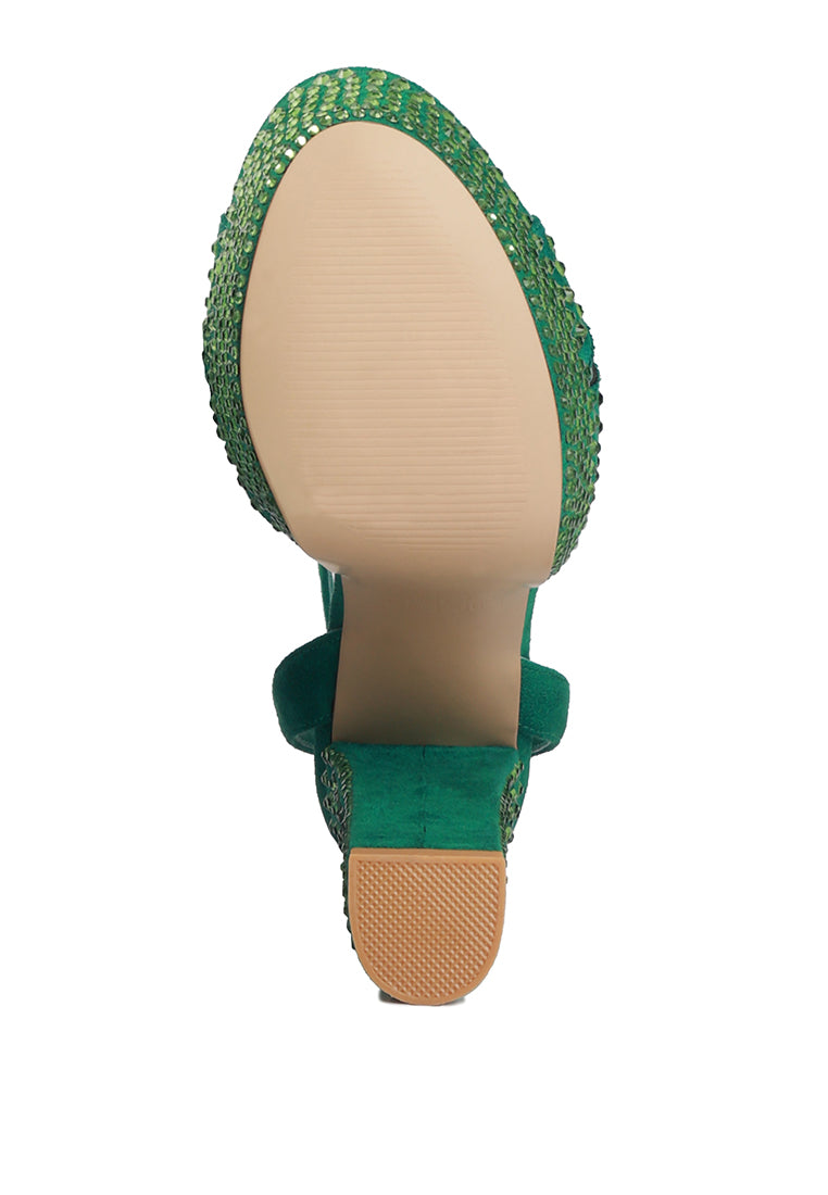 Bellini Heat-Set Diamante High Block Heel Sandals featuring a soft microfiber upper with sparkling diamante details and a secure pin buckle fastening.