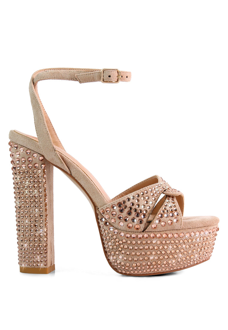 Bellini Heat-Set Diamante High Block Heel Sandals featuring a soft microfiber upper with sparkling diamante details and a secure pin buckle fastening.