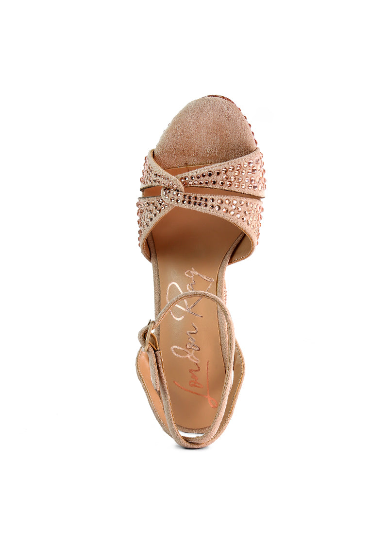 Bellini Heat-Set Diamante High Block Heel Sandals featuring a soft microfiber upper with sparkling diamante details and a secure pin buckle fastening.