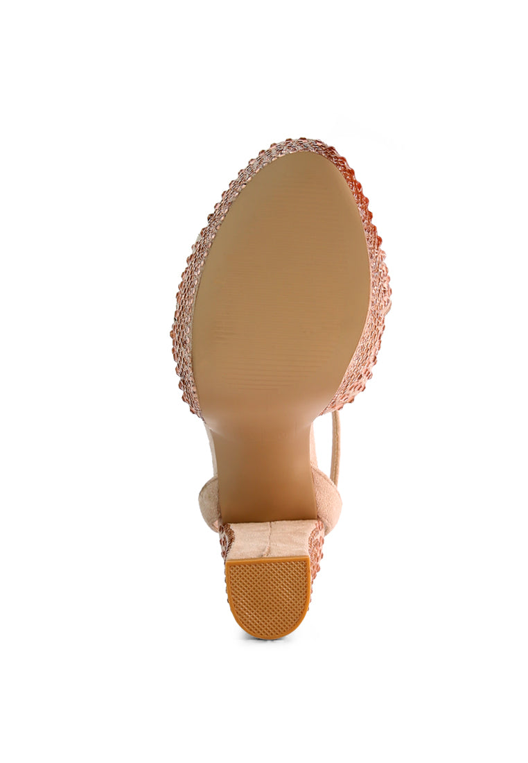 Bellini Heat-Set Diamante High Block Heel Sandals featuring a soft microfiber upper with sparkling diamante details and a secure pin buckle fastening.