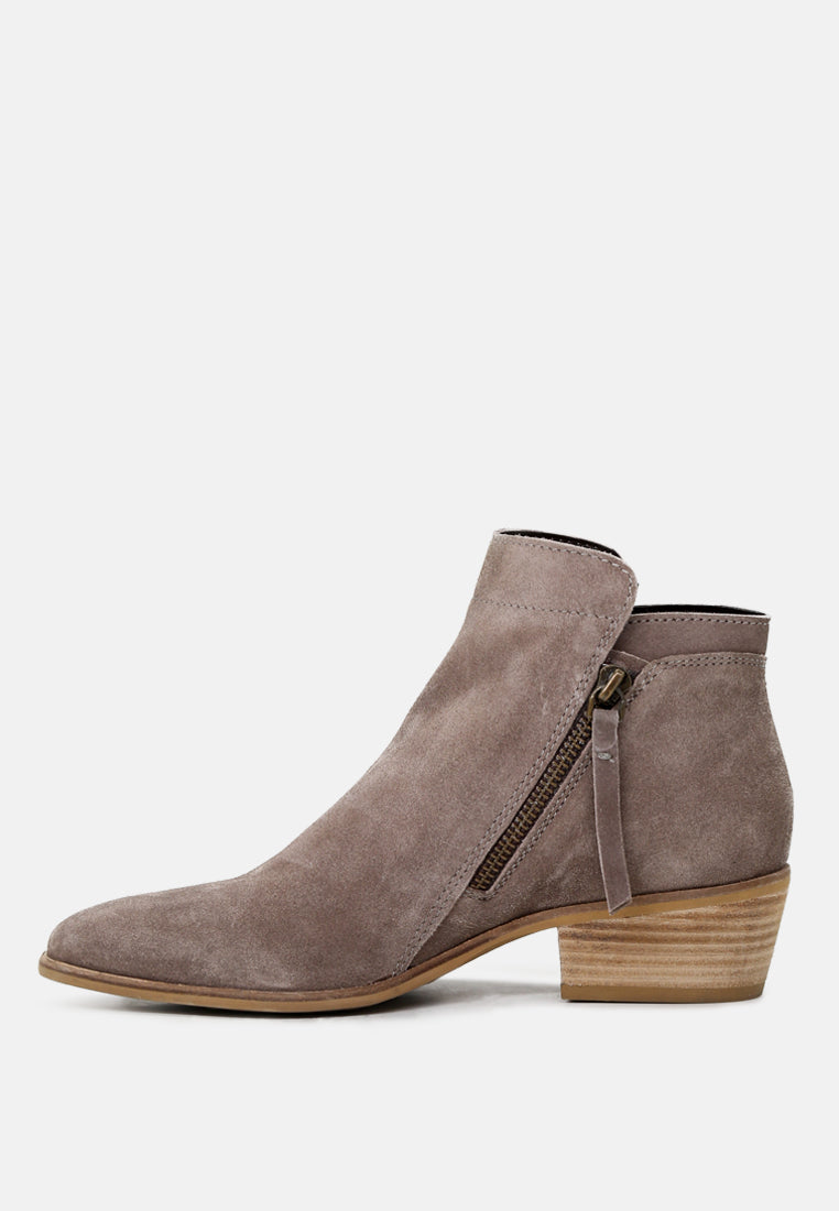 Bess Ankle Boots featuring a sleek design, zip closure, and stacked heel made from genuine leather.