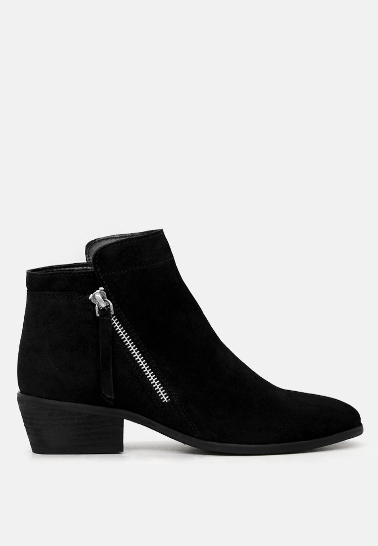 Bess Ankle Boots featuring a sleek design, zip closure, and stacked heel made from genuine leather.