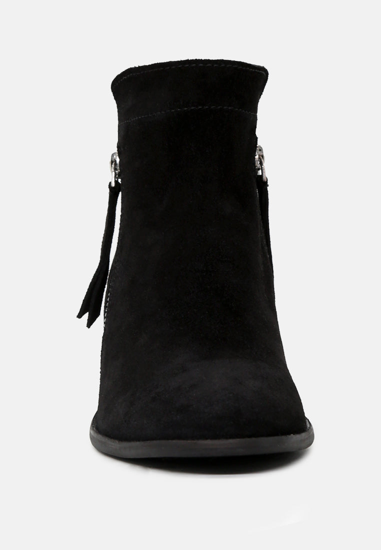 Bess Ankle Boots featuring a sleek design, zip closure, and stacked heel made from genuine leather.
