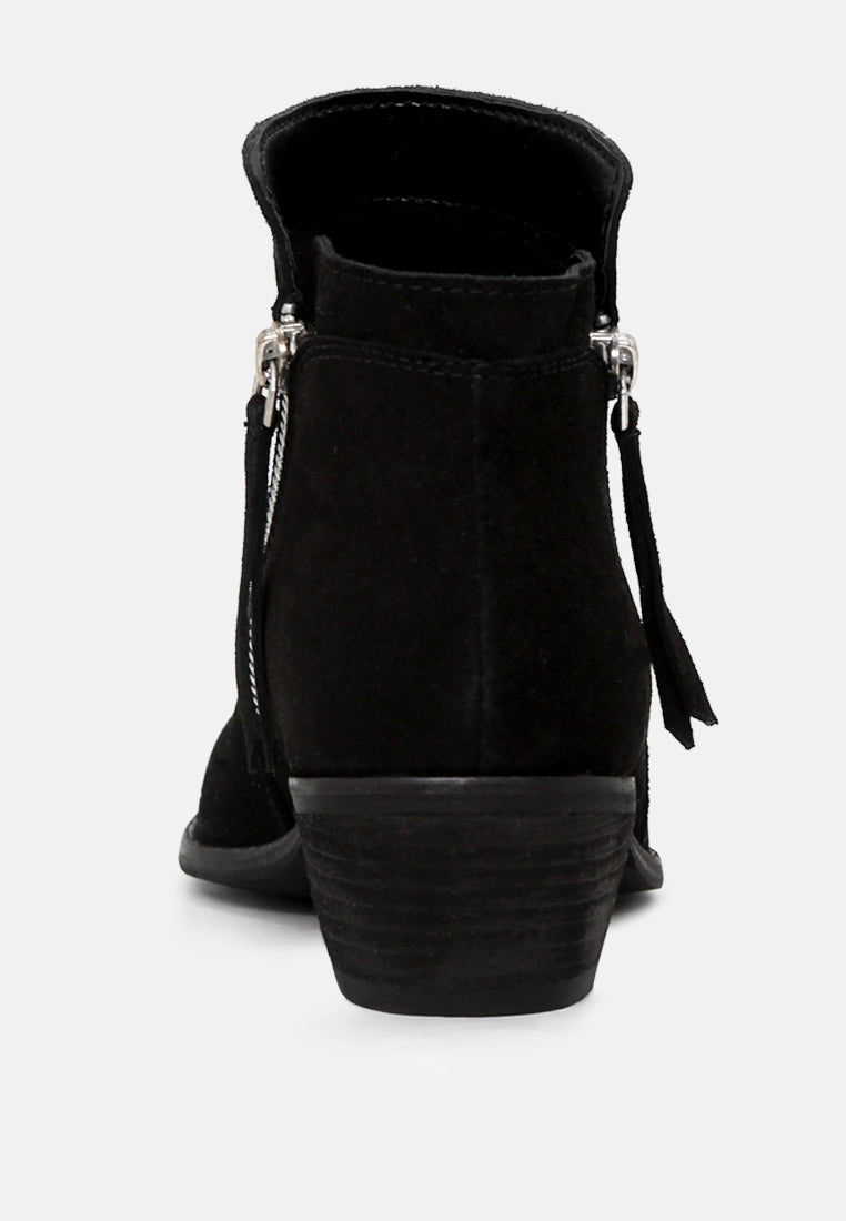 Bess Ankle Boots featuring a sleek design, zip closure, and stacked heel made from genuine leather.