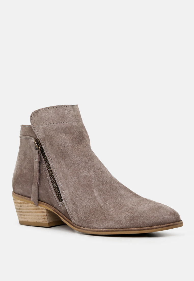 Bess Ankle Boots featuring a sleek design, zip closure, and stacked heel made from genuine leather.