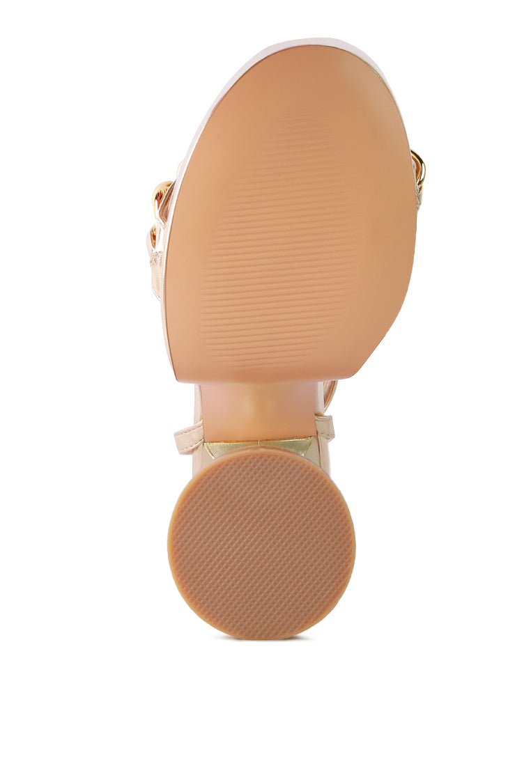 Big Bash Metallic High Platform Chunky Sandals featuring gold metallic faux leather, hourglass heel, and gold chain embellishment.