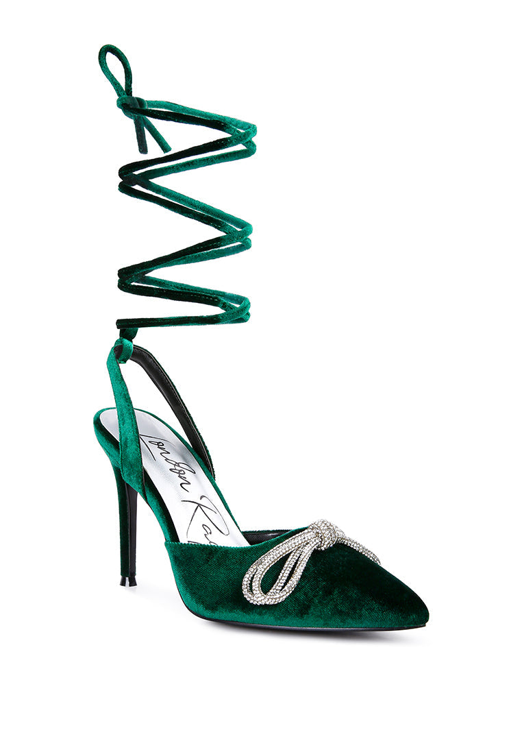 Big Treat Rhinestone Embellished Lace Up Sandals featuring a velvet sheen, rhinestone bow, and high stiletto heels, perfect for weddings and parties.