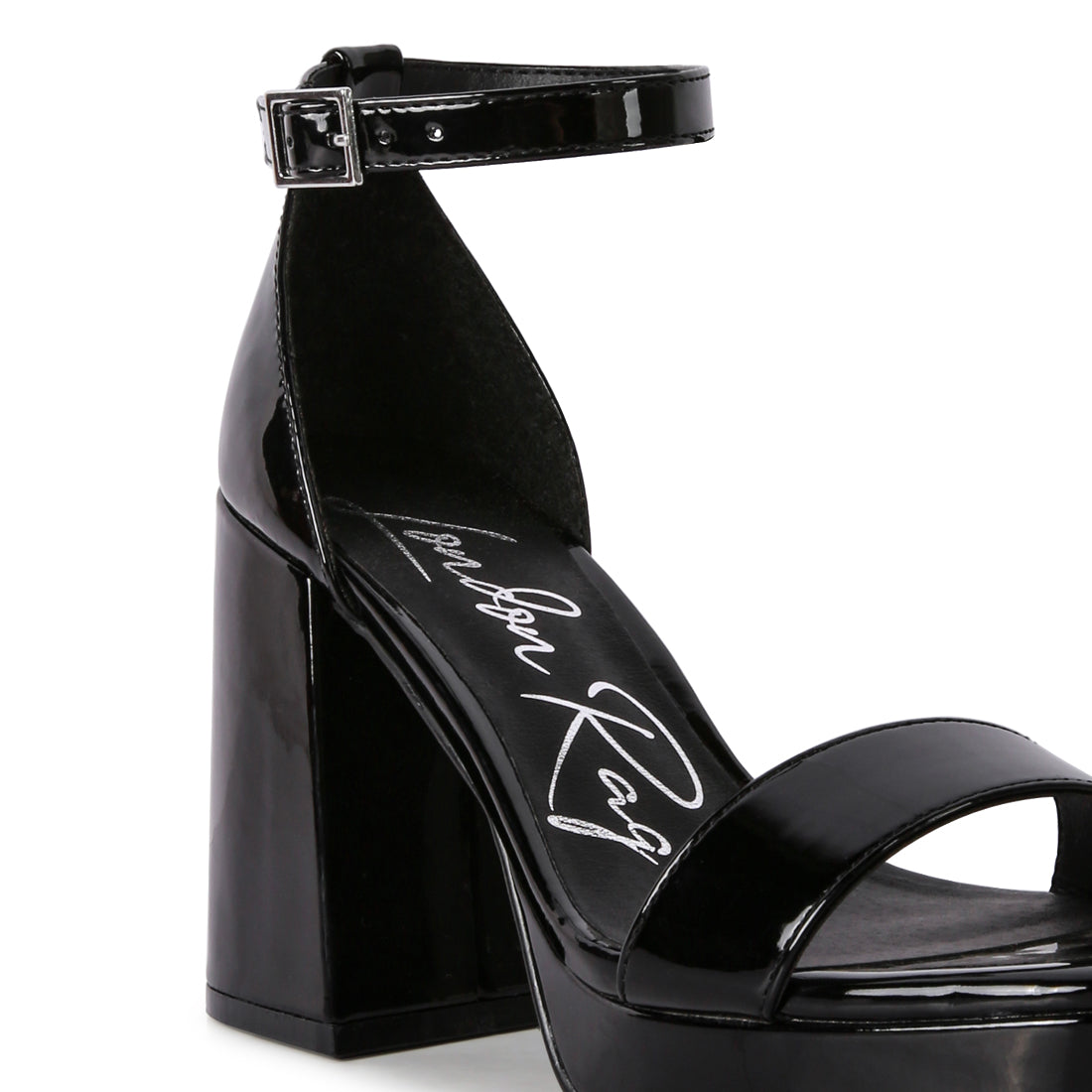 Elegant black high block heeled platform sandals with shiny patent PU finish and square-cut toe design.