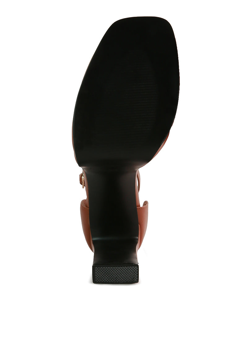 Blackpearl Faux Leather High Heeled Platform Sandals featuring a metallic chain detail and pin buckle fastening.