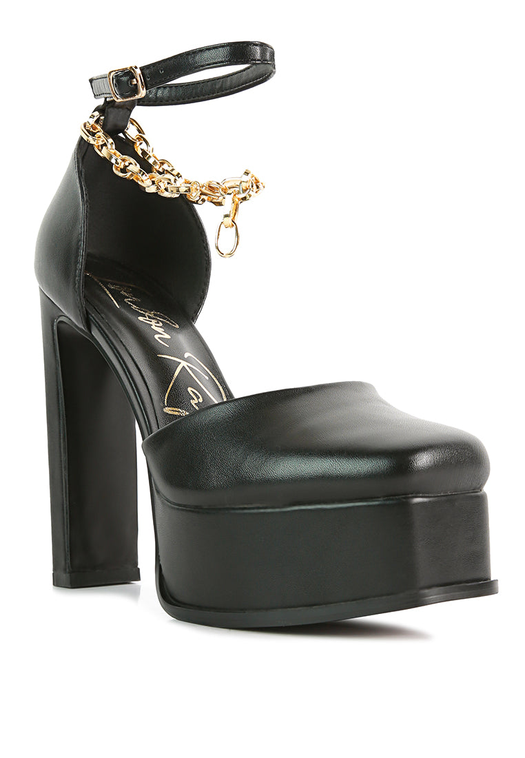 Blackpearl Faux Leather High Heeled Platform Sandals featuring a metallic chain detail and pin buckle fastening.
