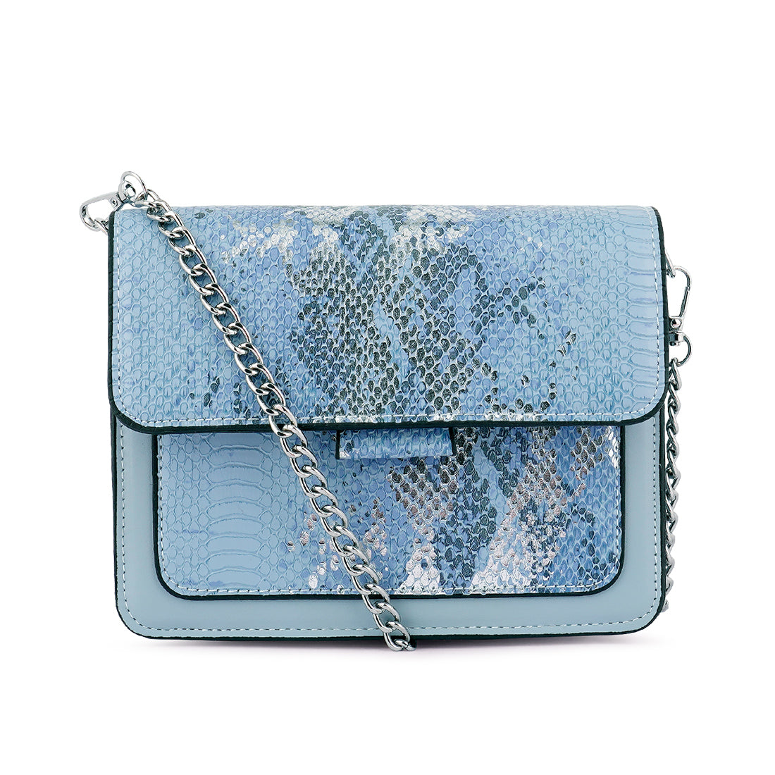 Stylish blue sling bag with reptile print texture and silver chain strap, perfect for casual daily use.
