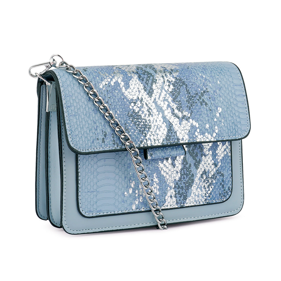 Stylish blue sling bag with reptile print texture and silver chain strap, perfect for casual daily use.