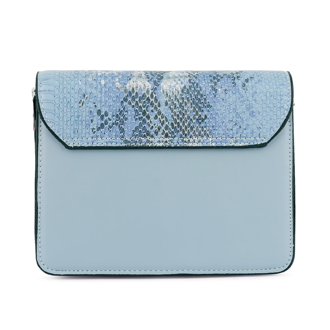 Stylish blue sling bag with reptile print texture and silver chain strap, perfect for casual daily use.