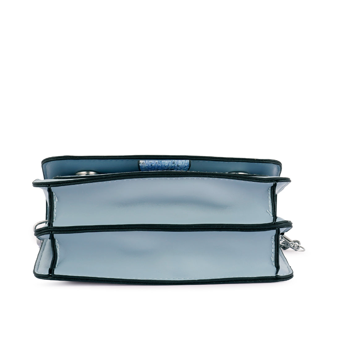 Stylish blue sling bag with reptile print texture and silver chain strap, perfect for casual daily use.