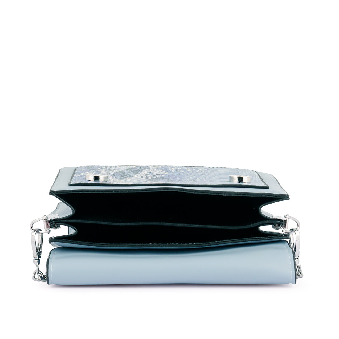 Stylish blue sling bag with reptile print texture and silver chain strap, perfect for casual daily use.