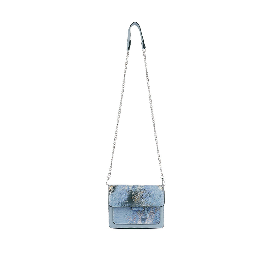 Stylish blue sling bag with reptile print texture and silver chain strap, perfect for casual daily use.