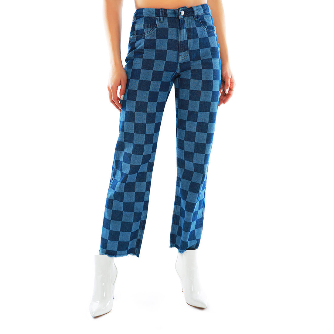 A pair of blue wide leg checkered jeans pants featuring a relaxed fit, mid-rise waist, and raw hem, perfect for summer wear.