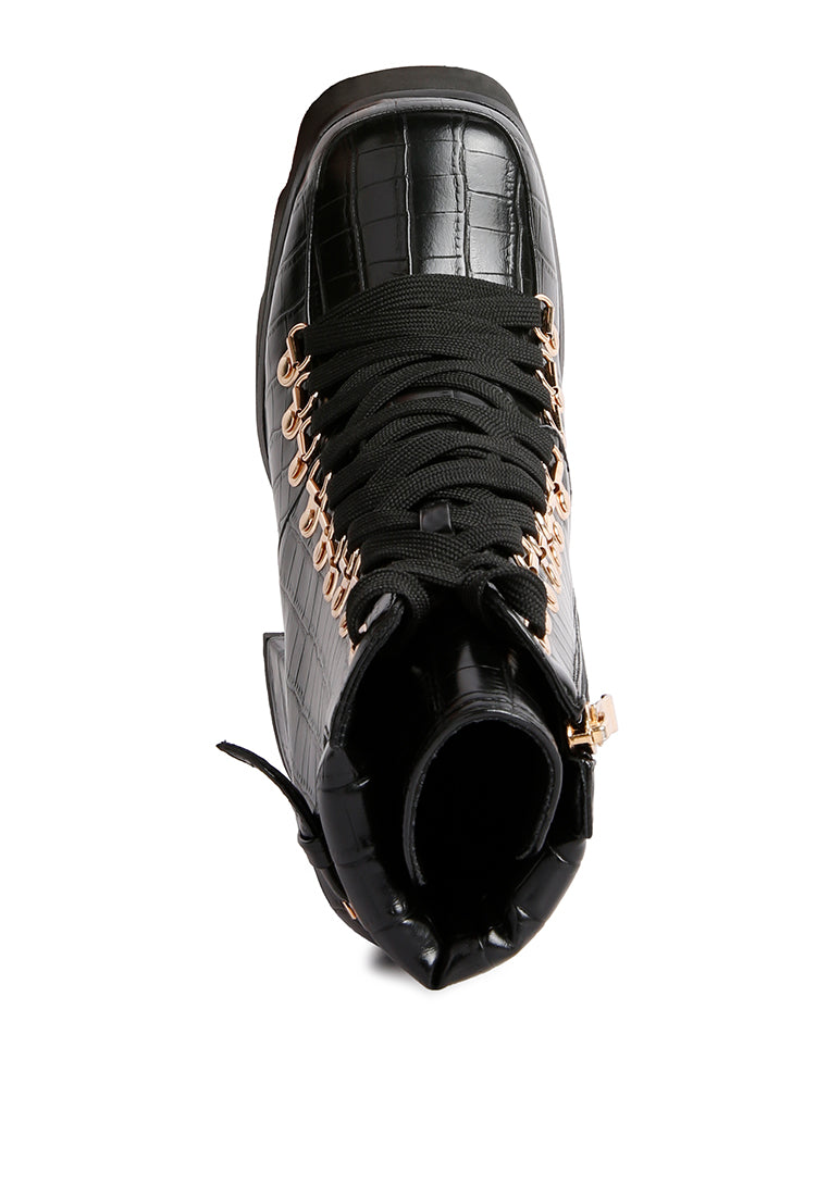 Boogie High Platform Lace Up Boots featuring chunky heels, lace-up design, and metallic eyelet details, perfect for autumn and winter.