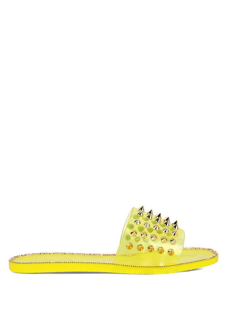 Bolly Punk Stud Clear Jelly Flats featuring pointed studs and sparkling diamante outline, perfect for rainy days.