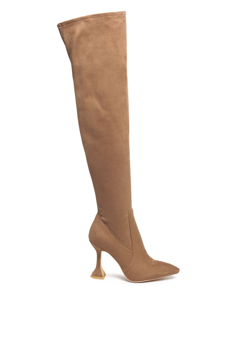 Brandy Faux Suede Over The Knee High Heeled Boots showcasing elegant spool heels and quilted panels.
