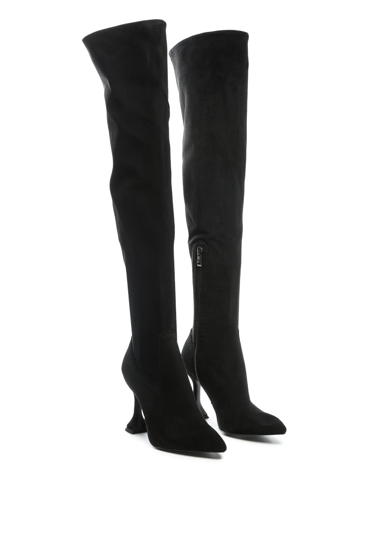 Brandy Faux Suede Over The Knee High Heeled Boots showcasing elegant spool heels and quilted panels.