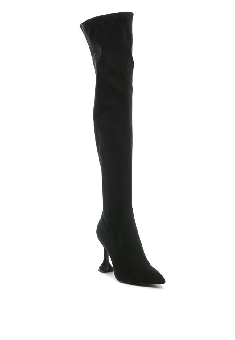 Brandy Faux Suede Over The Knee High Heeled Boots showcasing elegant spool heels and quilted panels.