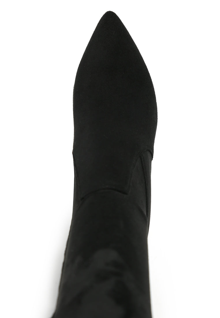 Brandy Faux Suede Over The Knee High Heeled Boots showcasing elegant spool heels and quilted panels.