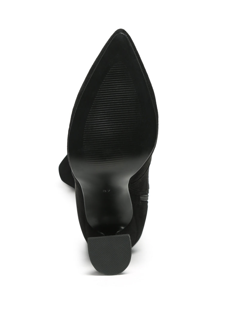 Brandy Faux Suede Over The Knee High Heeled Boots showcasing elegant spool heels and quilted panels.