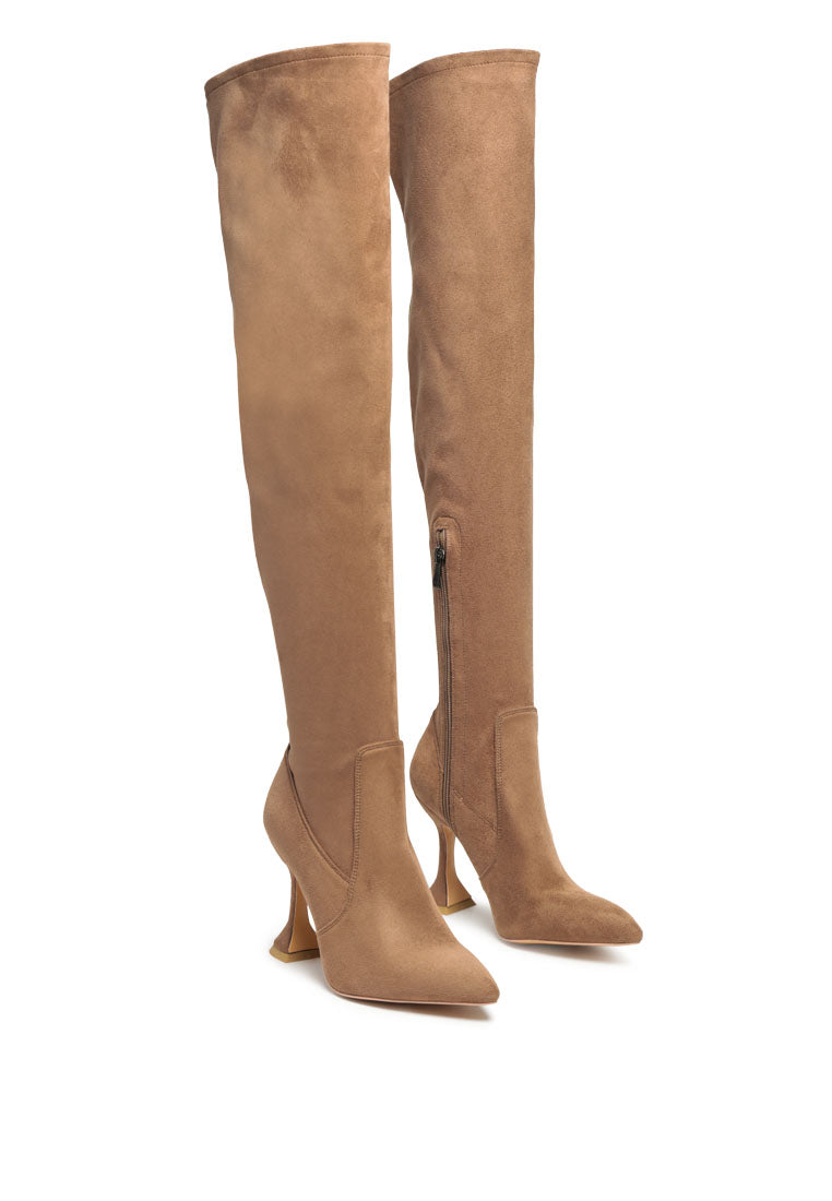 Brandy Faux Suede Over The Knee High Heeled Boots showcasing elegant spool heels and quilted panels.